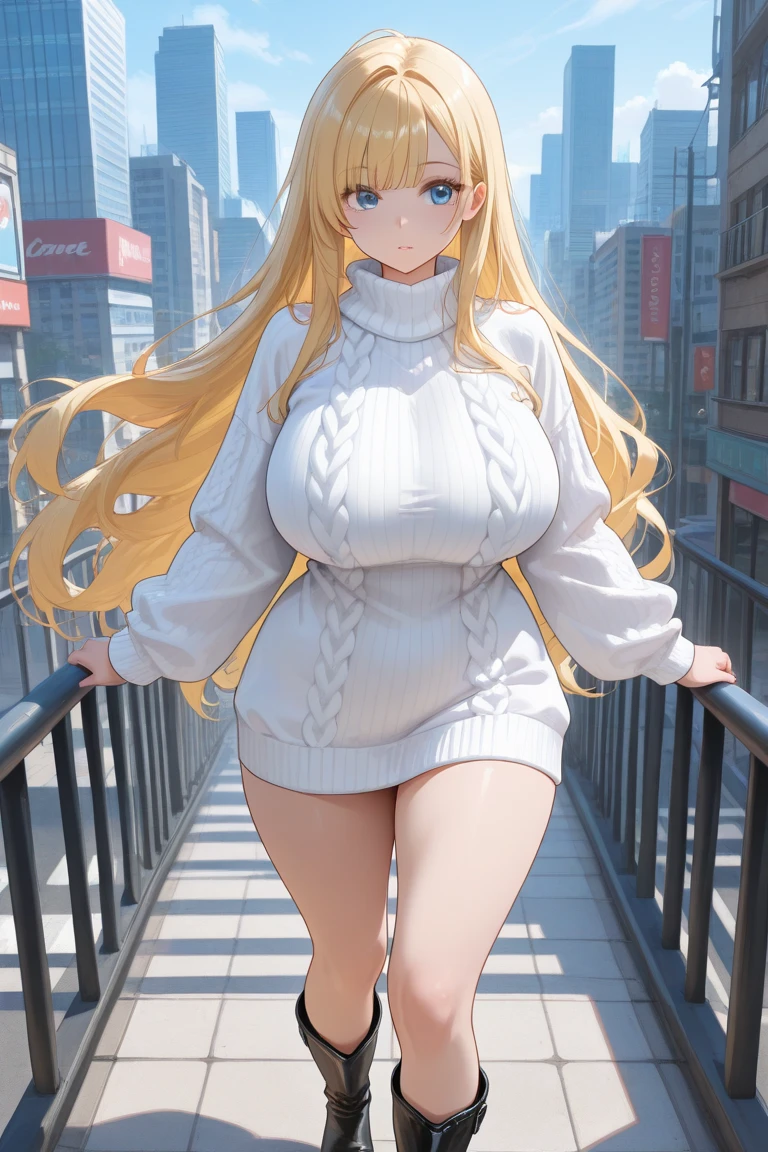 1woman,super beautiful,standing,half body photo,Beautiful eyes, very detailed face,cute,,HD face, perfect face, Short dress, pink dress,Long sleeve dress, knitted dress,Blonde hair,bangs,blue eyes,long hair, straight hair,very big breast,ultra detail,ultra Hd, masterpiece,4k