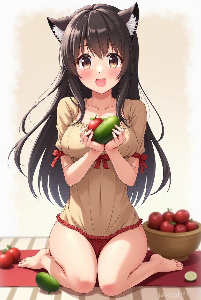 nyotaimori, lying on bed, vegetable, fruit, whipped cream, masterpiece, best quality, ultra detailed, bedroom, on bed, blush, Brown Hair ,Long Hair, Pink scrunchie, Small breasts, (nude:1.3)