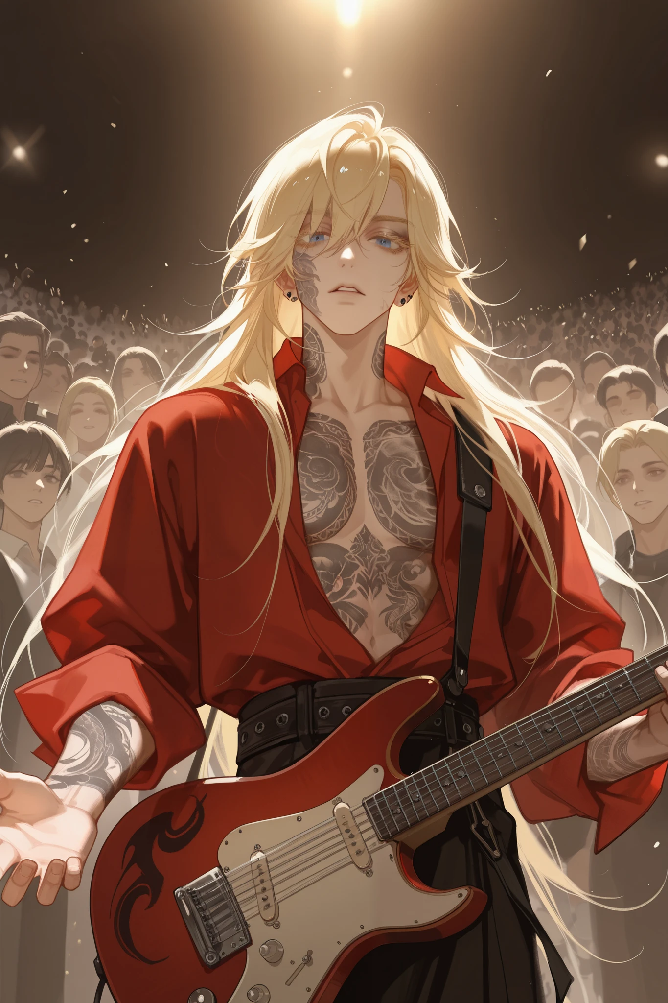 man with vitiligo, eyes with black smudged eyeliner, blue eyes, long eyelashes, full lips, lots of piercings, pumped up, looks masculine, lots of tattoos, short bright top, stands in the middle of the street with a bright red electric guitar in his hands, crowd of people nearby. Longer blonde hair, bangs slightly reaching over the eyes, masterpiece, best quality, very aesthetic, newest, absurdres, highres,
yuyuhuadiao,
1boy, solo, long hair, male focus, blonde hair, waist-deep, blonde eyelashes, parted lips, revealing bright clothes, looking at viewer, tattoo, straight messy bangs on the face, very highly detailed face, very detailed background, very detailed face dynamic pose, scene
