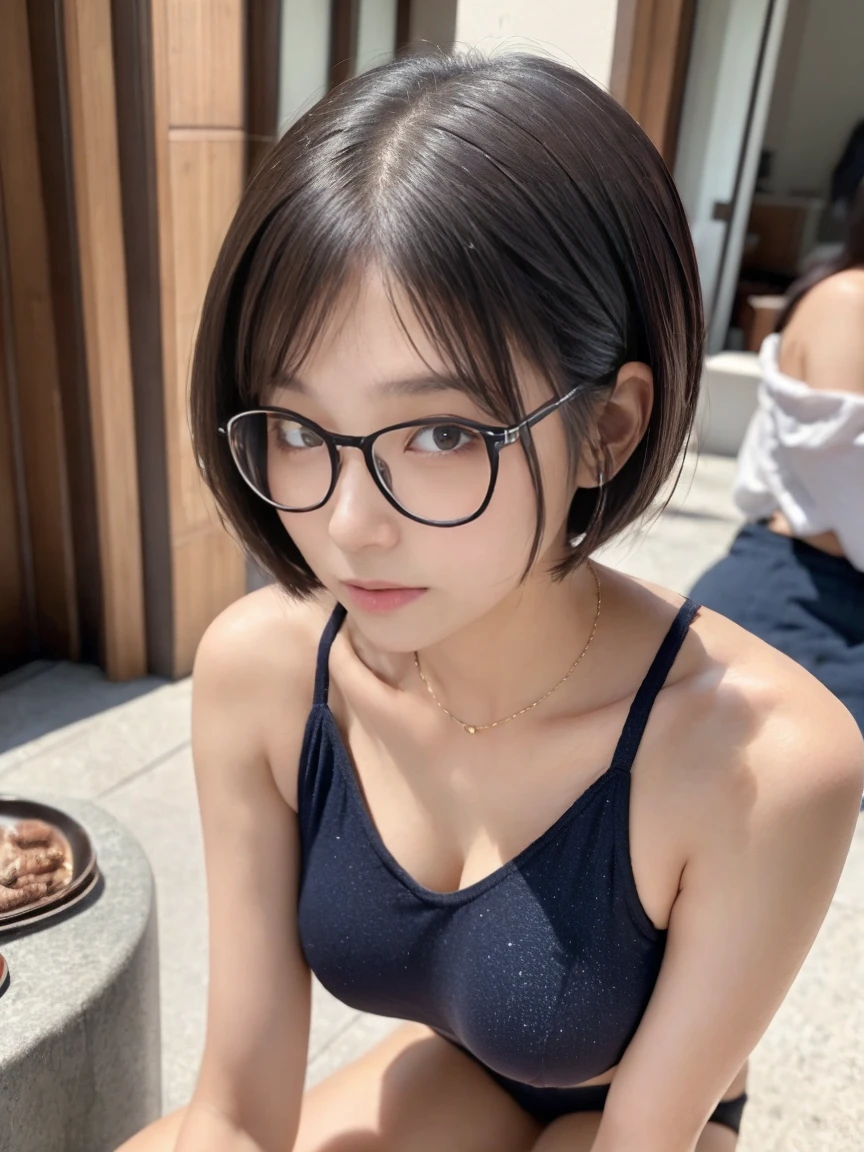 (masterpiece, Highest quality, It captures a very cute moment, Depth of written boundary, Super detailed, Ultra-high resolution, C4D, Octadale, 3D Modeling,Realistic human photos、 8K, 16K, One Girl,Middle school students, Small ,Black Hair,short hair,Straight Hair,Light brown eyes,White headband,Wearing black glasses,Cute face), Bloomers, Black tank top, zettai ryouiki, Wet clothes,Classroom Nights,Moonlight, Good elevator, Take off、Real-life skin、Not an anime、Realistic、Not an illustration