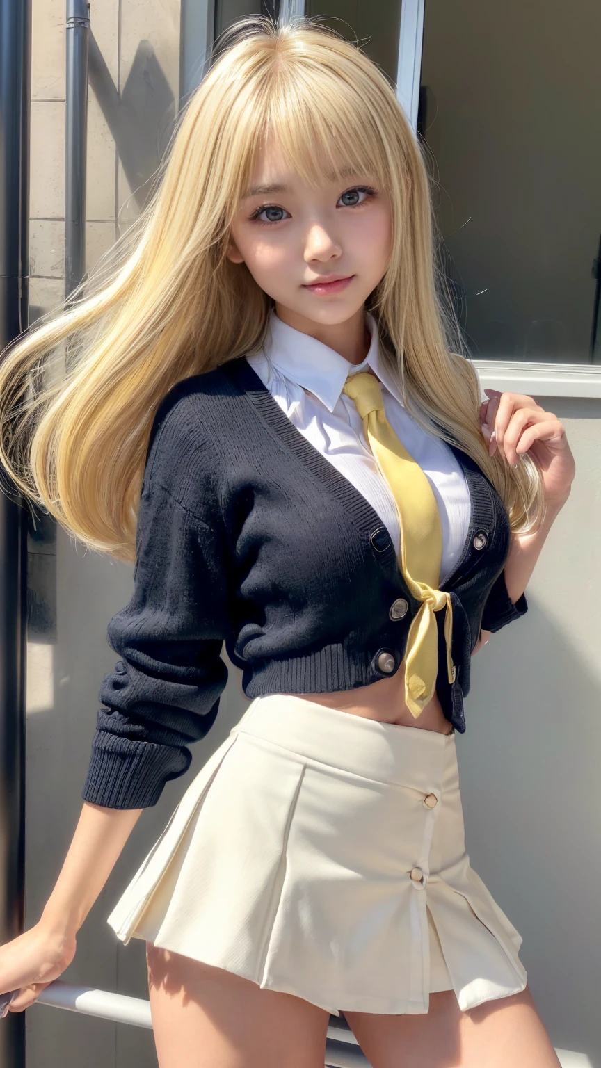 a blond、a smile、1girl in, Extremely cute face, Amazing face and eyes, (Highly detailed eyes, Highly detailed face), (Hyper-realistic, hight resolution), (Best Quality:1.4), Raw photo, (Realistic, Photorealsitic:1.37), Professional Photography, Cinematic Light, (lace bra:1.25), (Amazing breasts:0.8), (School uniform, Pleated mini-skirt:1.5), (Uniform with open chest), Smile slightly, Sitting, spread your legs wide, Staring at me, plein air, city, Skyscraper,