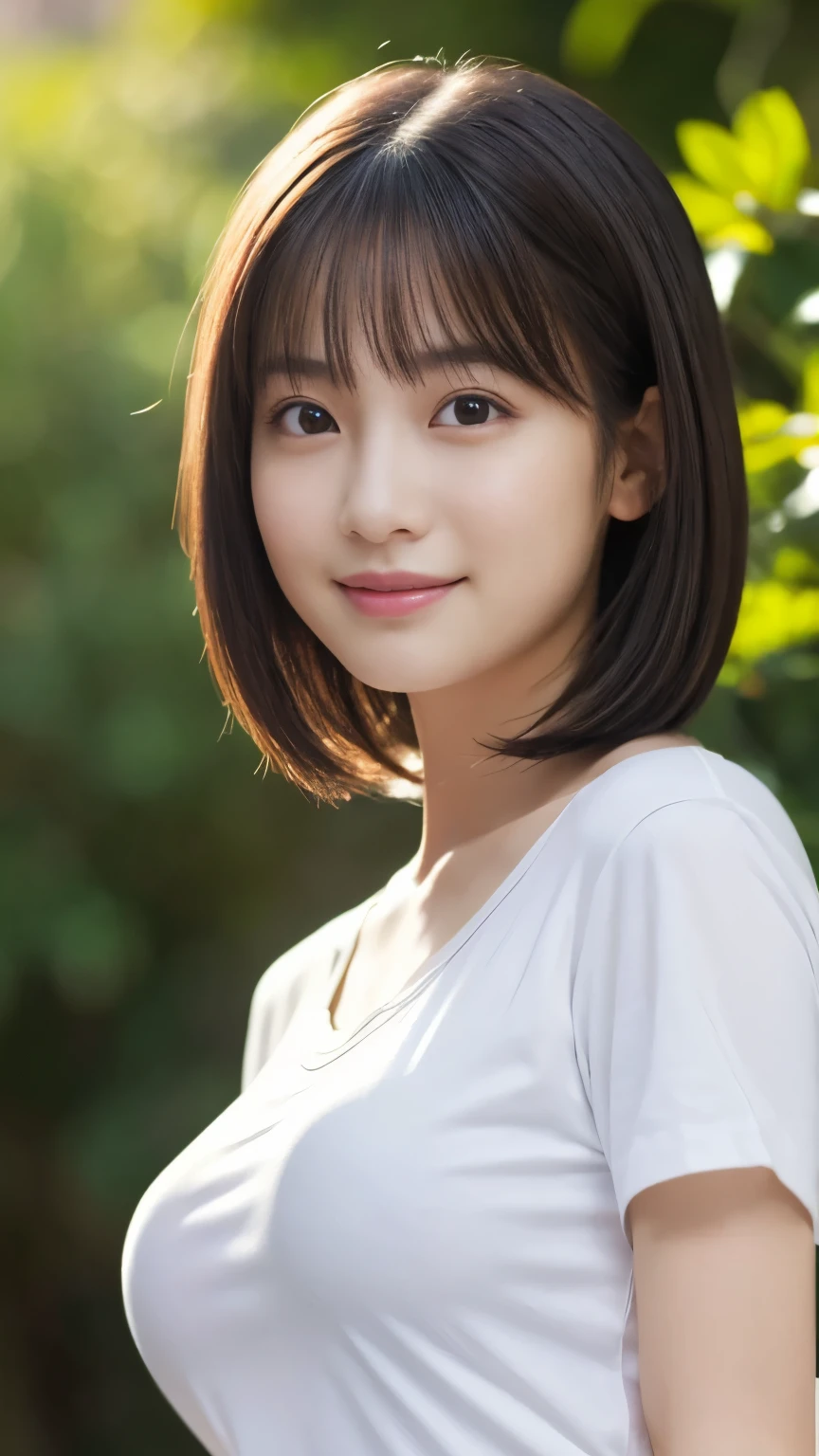 1 girl, Beautiful Japanese actresses, (RAW Photos, highest quality), (realistic, photorealistic:1.4), masterpiece, Very delicate and beautiful, Very detailed, wonderful, finely, Very detailed CG Unity 8k wall paper, Very detailed, High resolution, Soft Light, Beautiful detailed girl, Very detailed eye and face, Beautiful and detailed nose, Beautiful and detailed, looking at the camera、Perfect Anatomy, Slender body, smile, age 15, (big breasts:1.8、white t-shirt at the waist:1.5、short hair、Tight Waist、crotch)