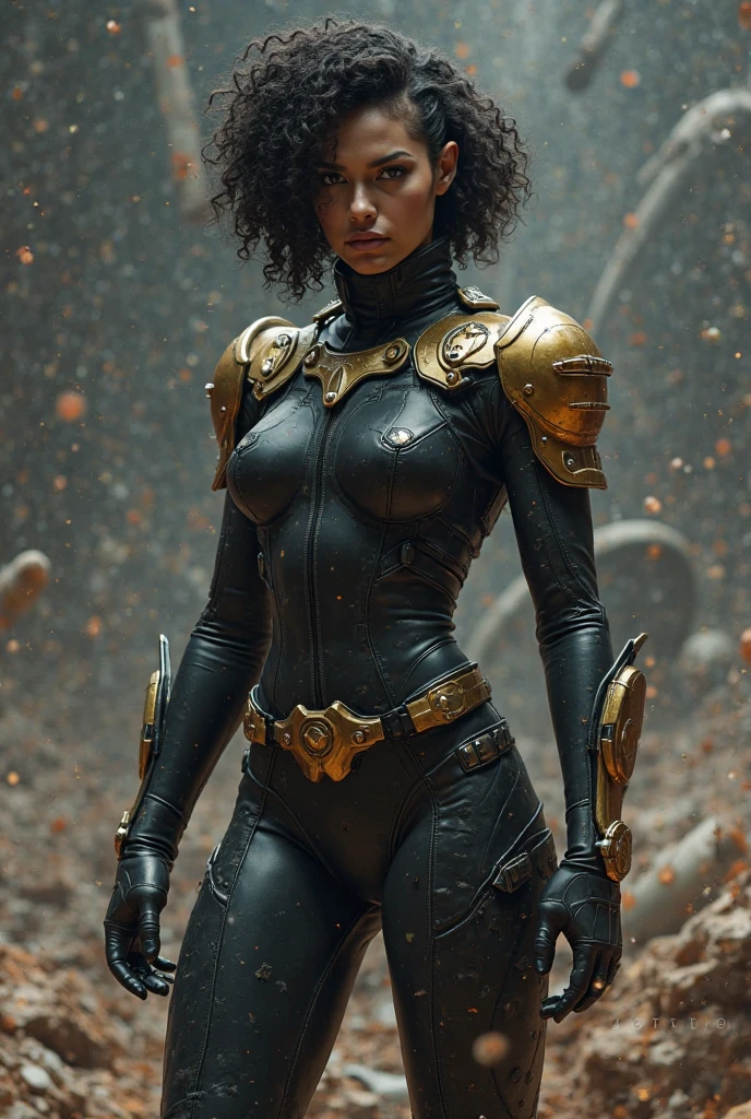 um homem de pele negra, superhero dress, entre pedras de tom alaranjado, with volumetric and cinematic light, com nevoa e raiios, corpo coberto de uma armadura metalica, alto contraste em seus detalhes, realistic and high definition. com aparencia masculina, sem nada feminino.