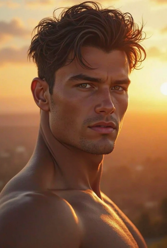 (Photorealism:1.2)
young (24 ans)
Fairly light tanned complexion Growing beard Drawn light hazel eyes Dark brown hair, tapered haircut with a few strands falling on his forehead well-defined muscles full lips