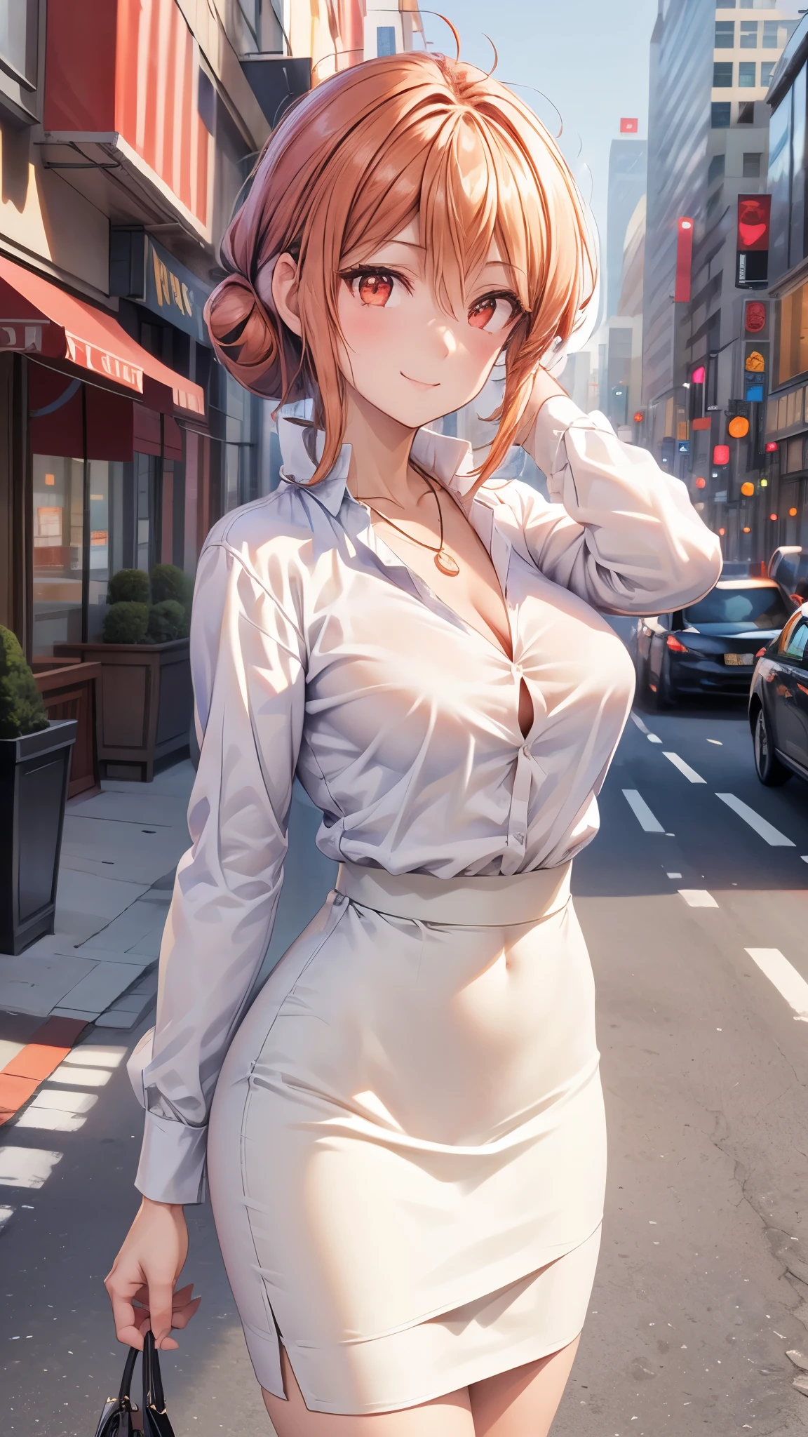 (Ultra High Quality,super high resolution,16k,Super Masterpiece,Ultra HD ,detailed shading and background,)Upper body shot,Sexy mature ,long-sleeved white shirt,pencil skirt,Chest Valley,necklace,cover,smile,Morning in the city,Place one hand on the side of your head,