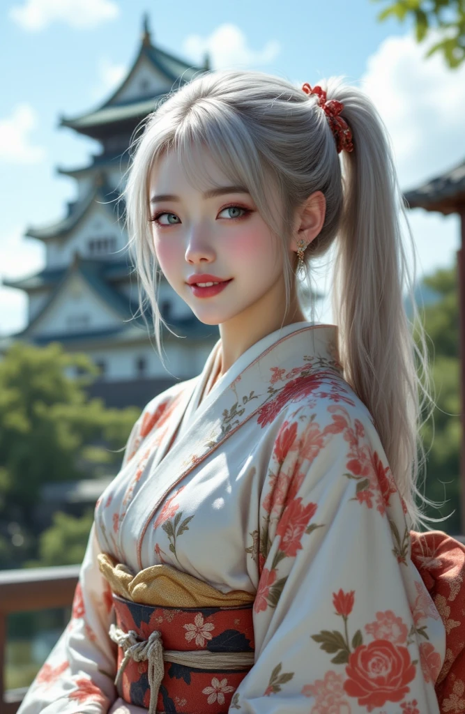 ((realistic on the hand, Accurate Anatomy, accurate body)),((full body photo, highest resolution,  realistic photo )), silver hair, long ponytail hair, silver eyes, Beautiful Japanese girl with beautiful , Japan's representative kimono, I'm taking a picture in front of a Japanese castle,  tight kimono , Her  can be seen slightly through a kimono,  hot summer , Sweat flowing along the line of her face,  lovely smile ,  blush