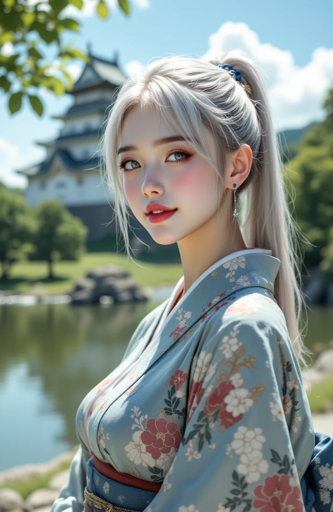((realistic on the hand, Accurate Anatomy, accurate body)),((full body photo, highest resolution,  realistic photo )), silver hair, long ponytail hair, silver eyes, Beautiful Japanese girl with beautiful , Japan's representative kimono, I'm taking a picture in front of a Japanese castle,  tight kimono , Her  can be seen slightly through a kimono,  hot summer , Sweat flowing along the line of her face,  lovely smile ,  blush