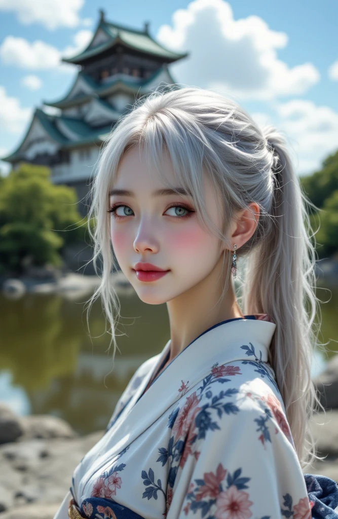 ((realistic on the hand, Accurate Anatomy, accurate body)),((full body photo, highest resolution,  realistic photo )), silver hair, long ponytail hair, silver eyes, Beautiful Japanese girl with beautiful , Japan's representative kimono, I'm taking a picture in front of a Japanese castle,  tight kimono , Her  can be seen slightly through a kimono,  hot summer , Sweat flowing along the line of her face,  lovely smile ,  blush