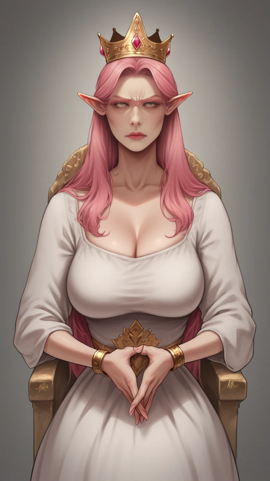 Milf, mature woman, pink hair, long hair, long hair, pink eyelashes ,  big eyelashes, thick eyelashes, yellow eyes,  Tall woman, gold crown, correct anatomy, detailed hands, Proud woman, looking at the spectator,  look of a lot of contempt, 4k,  look of a lot of contempt, High resolution, detailed face, detailed eyes, millionaire woman ,  gold bracelet , Queen, Beautiful woman, pink eyelashes, Queen, ropa de Queen, vestido medieval de Queen, Woman to impose, on you a very disgusting face, Proud woman, medieval fantasy dress, black and white dress, Alone, pointy ears, eleven, Loose clothing, The best quality, Alone, Single woman, mature woman, A very proud look, proud look,  very proud woman , look of contempt, A very proud look y mucho desprecio,  look of superiority, Superior woman, A very proud look,  angry face, look of pride and anger, slicked back hair, slicked back hair, pink eyelashes  exageradamente gruesas, extremely thick eyelashes, age wrinkles , throne, Hidden neckline, proud look, A very proud look, full body