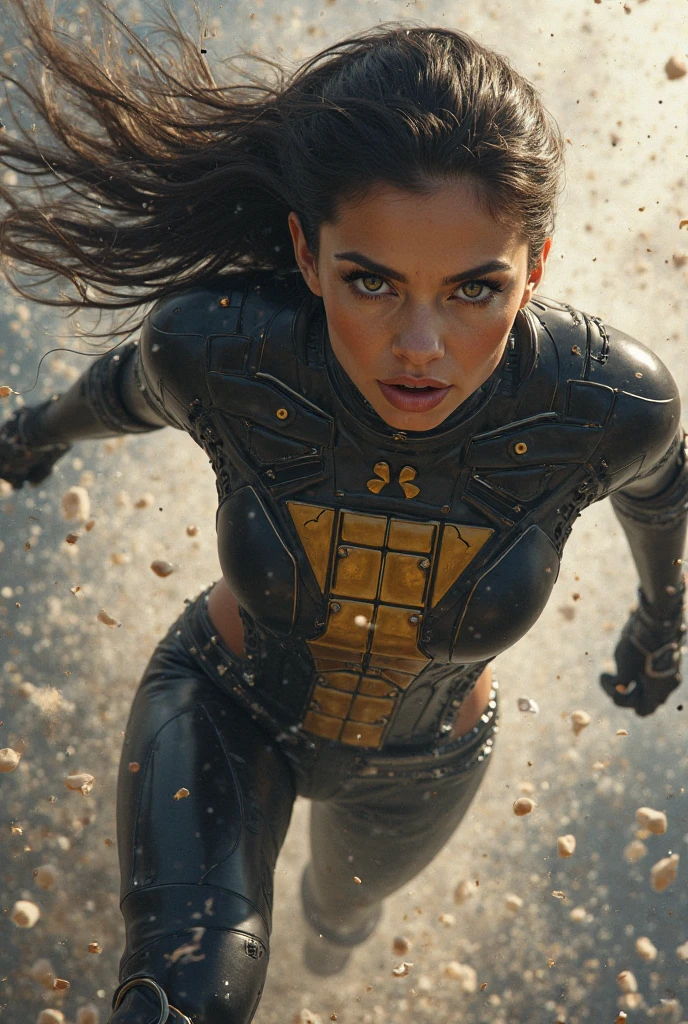 A beautiful and formidable female Wolverine stands in a dynamic, action-packed pose. She has sharp, retractable adamantium claws extended from her knuckles, gleaming menacingly in the light. Her outfit is yellow in color and black stylish elements on shoulder, forearm waist, short yellow skirt with black patterns, a black thigh high boots. She has long, flowing hair cascading down her shoulders and intense, piercing eyes that reflect her ferocity and determination.