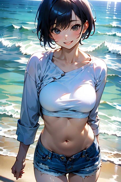 (Official art、Best Quality、Unity 8k Wallpapers、32K、masterpiece、ultra-detailliert、超A high resolution、realisitic、Photorealsitic:1.2)、(Cinematic lighting:1.2)、Fireglow effect、The grainiest shadow of the film、Rim lighting、side lights、Center shot、(ultra-detailliertで複雑な3Dレンダリング)、Detailed beautiful face and eyes、A slender、Medium bust、(Full body:1.2)、 Highly detailed background、beauitful face、blurry backround、16-year-old beautiful girl、(ultra-detailliertなスキン、detailed skin textures:1.3)、A dark-haired、Hip Hop Cable、(thighs thighs thighs thighs:0.8)、Knitted sandals、(((Sea sand beach)))、Smile with open mouth、(),Blue eyes,((white tank tops,Blue shorts))(Sexy Bra)crouching down、(thin lipss)raise arms,Shorthair