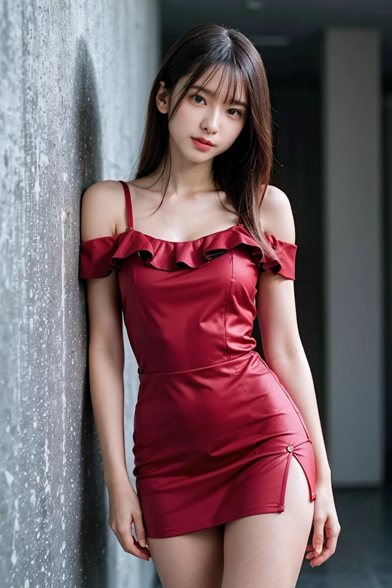The beauty of 8K raw photos:2.0, Japanese woman, beautiful face and dark eyes, looking down, looking at the viewer:1.5, big smile, wet hair, tiny top, (red dress:1.2), shinny skin, realistic:1.9, very detailed, cowboy shot:1.2, High resolution RAW color photos, professional photos, Taken at the studio, girl sexy portrait