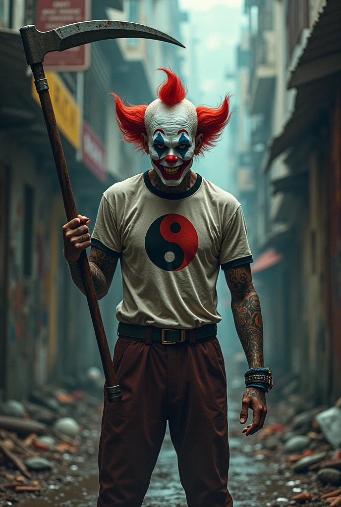 A muscular firefighter wearing a scary clown mask, with the head on fire, wearing a white tank top and with tattoos on his arm, with large round red matte glasses