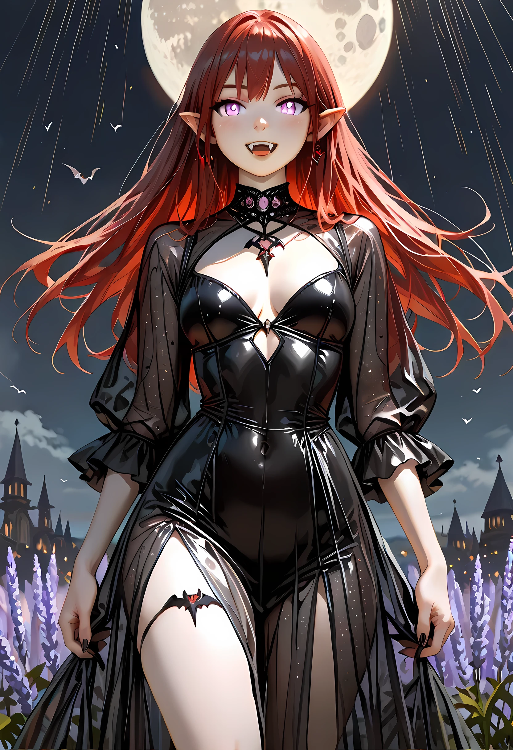 dark fantasy art, a picture of a fantasy, a beautiful female vampire, best detailed face,  pale skin, red hair, glowing eyes, lavender eyes, dark red lips, fangs, wearing black dress, (transparent voile fabric dress: 1.3), goth dress, small cleavage, intricate dress, it is night time, the moon is in the sky, a sense of dread, soft light. moon rays. high details, best quality, 16k, [ultra detailed], masterpiece, best quality, (extremely detailed), close up, ultra wide shot, photorealistic, RAW, fantasy art, dnd art, fantasy art, realistic art,((best quality)), ((masterpiece)), (detailed), perfect face, fantasy, Vampire Dress, goth person, vampyfangs1