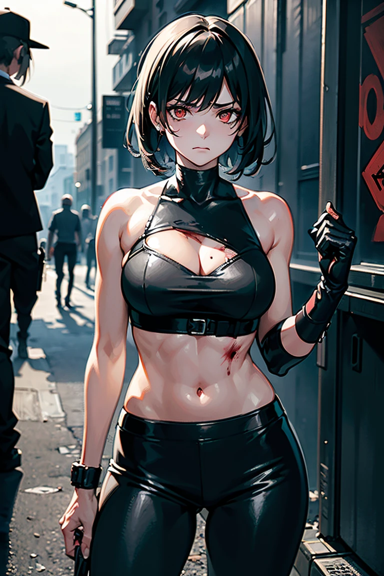 A woman with sharp teeth, visible when a mischievous smile forms on her lips. She wears a tank top with a black jacket and pants, exuding an aura of mystery and power. Her short black hair is messy, adding a scruffy, wild look. His eyes, an intense white without the presence of a retina, emanate an unearthly sensation. Deep dark circles stand out on her pale skin, evidencing her tired and haunted appearance. The environment around it is urban and dark, with ruins that testify to the passage of time and evoke a climate of desolation and decadence.