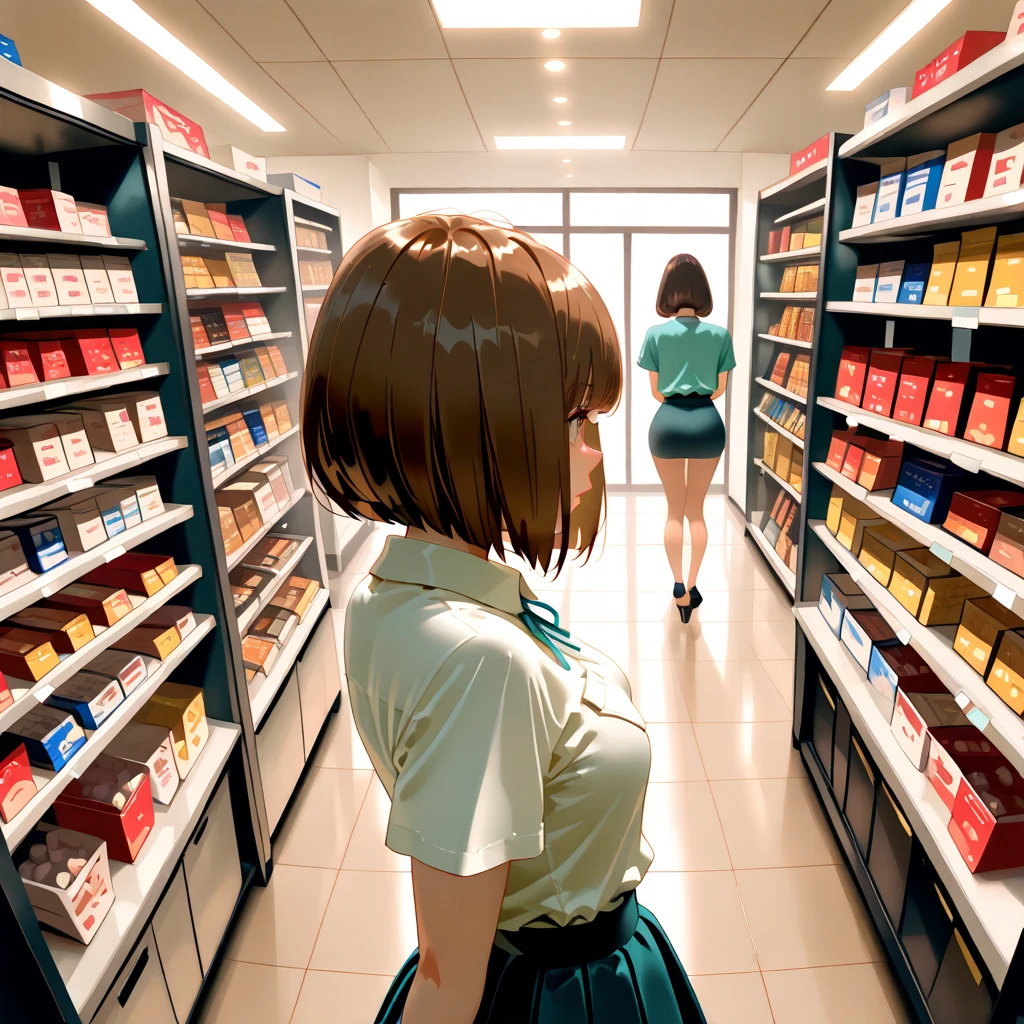 (((one naked girl with annoyed face is reading a magazine))), naked girl with large breast and nipple and pussy and thigh and short black hair and and blue eye and headband and pink lipstick and wristwatch is in convenience store, crowd of random men wearing shirts and pants in the background,