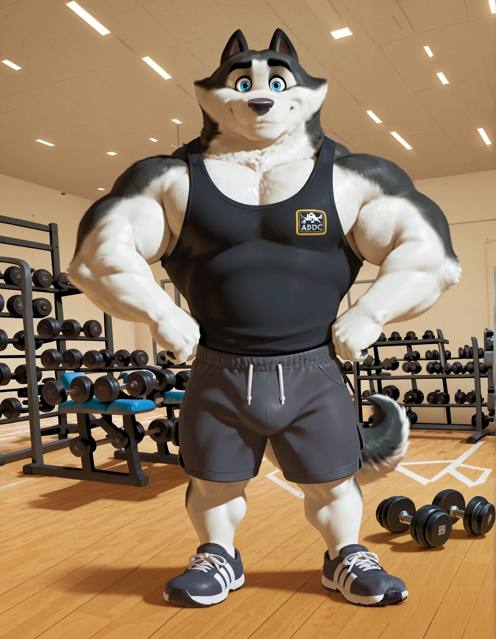 Duke (Arctic Dogs), anthro dog, black fur, white fur, male, blue eyes, high quality, full body, looking at viewer, solo, gym background, thick arms, muscular, black tank top, dark gray gym shorts, gym shoes, dumbbells, working out,