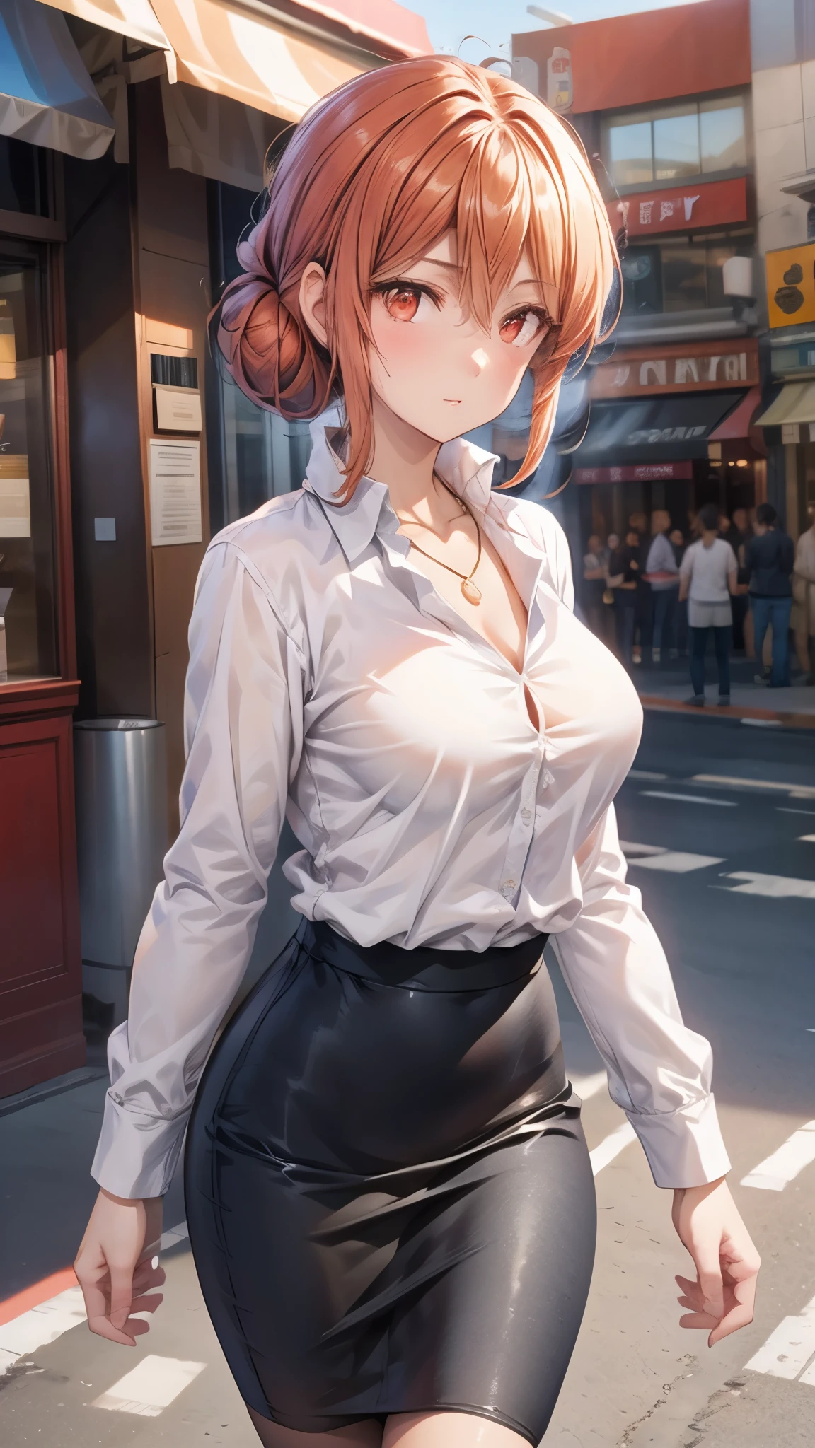 (Super high quality,super high resolution,16k,Super Masterpiece,Ultra HD ,detailed shading and background,)Upper body shot,Sexy mature ,long-sleeved white shirt,pencil skirt,Chest Valley,necklace,cover,Open your lips a little,living,Place one hand on the side of your head,