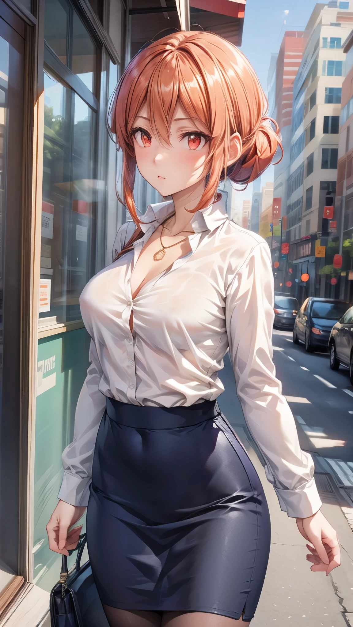 （Super high quality,super high resolution,16k,Super Masterpiece,Ultra HD ,detailed shading and background,）Upper body shot,Sexy mature ,long-sleeved white shirt,pencil skirt,Chest Valley,necklace,cover,Open your lips a little,living,Place one hand on the side of your head,