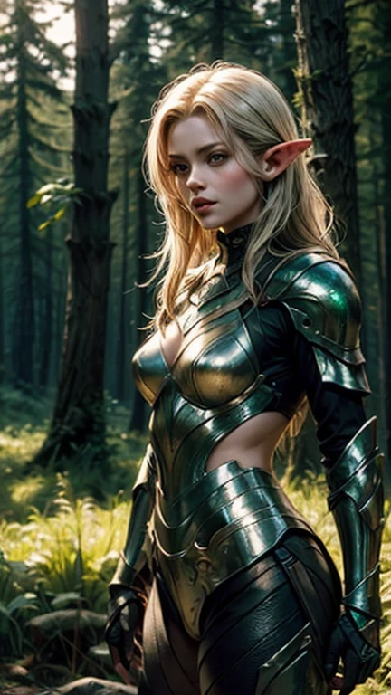Sexy 1 adult cute female elf, blonde long hair, dressed leather in medieval clothing, agitated state, indignant, fighting off the tentacles of a slime monster in the middle of a well-lit cave, looking at the viewer. photorealistic, soft light, overall detail: 1.5