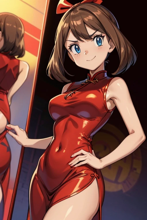adult_may_from_pokemon, (red_shiny_cheongsam_dress_with_yellow_pattern | glossy_silk_material | shiny_fabric | floral pattern), (cute hair | brown hair | long_on_backside), (blue_eyes), motivated_pose, evil, villain, evil_smile, skinny, medium_breasts, town, female, high resolution, 8k, cowboy shot