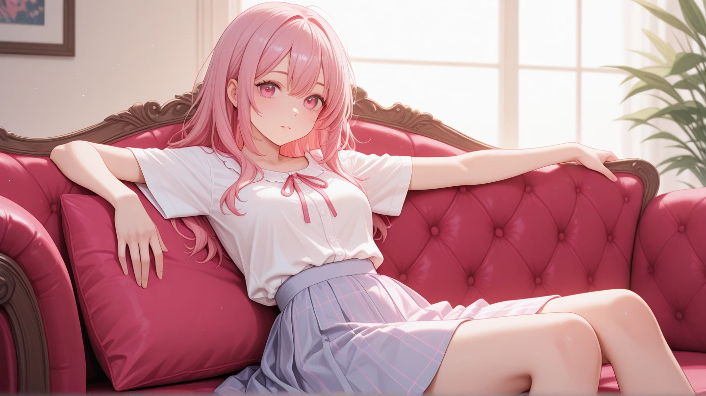 A beautiful girl named "Louie" with pink hair and pink eyes wearing a skirt is sitting on the couch, and a big fly is looking at the girl Louie from a distance