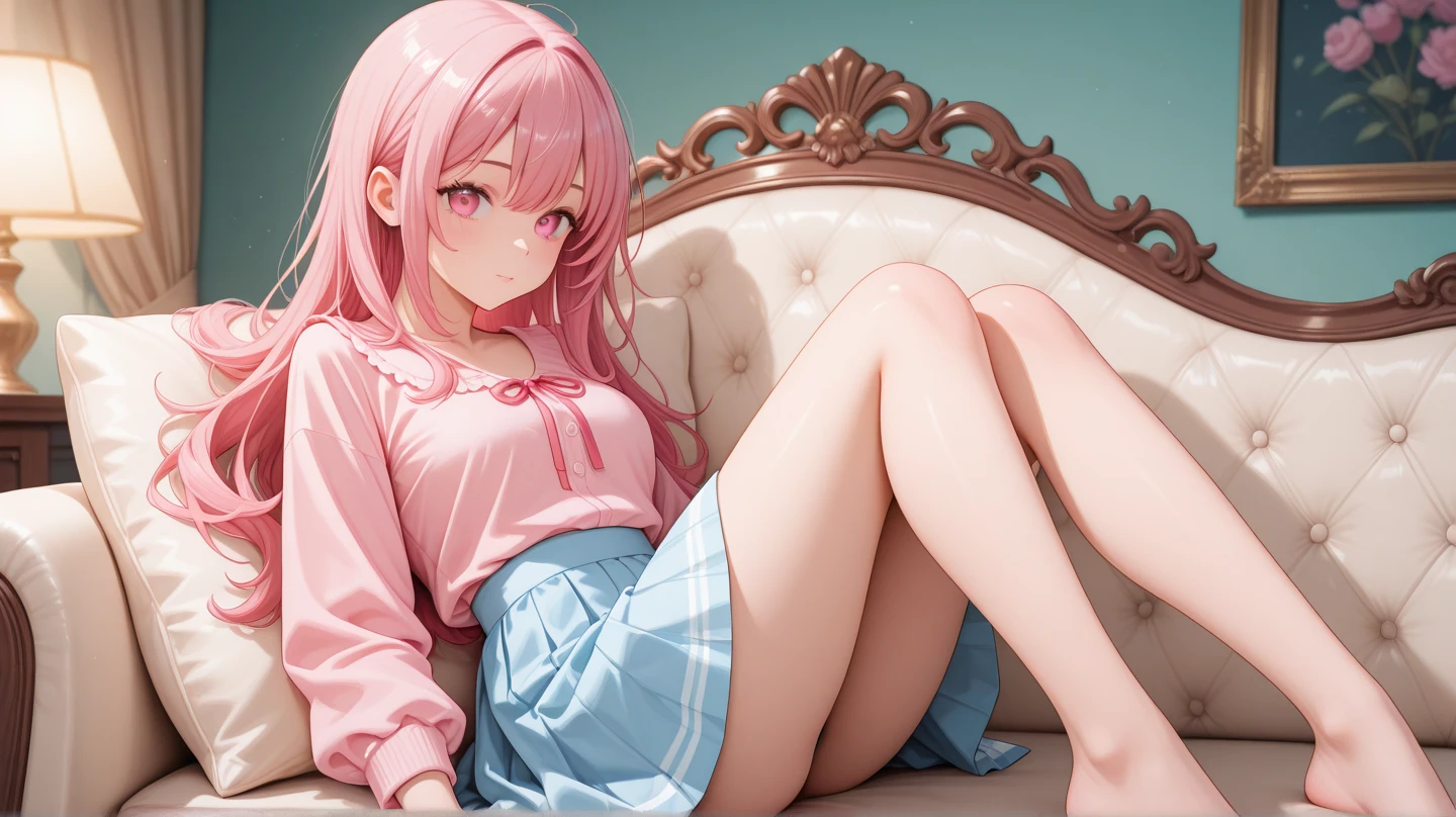 Ultra high resolution, (Realistic: 1.4), Original photo, 1 girl, ((Best quality)), (Masterpiece: 1.2), (Delicate Beautiful Girl), illustration, looking at camera, 1 girl, pink hair, delicate makeup, white shirt, skirt, luxurious room, sofa, red wine, squatting on the ground