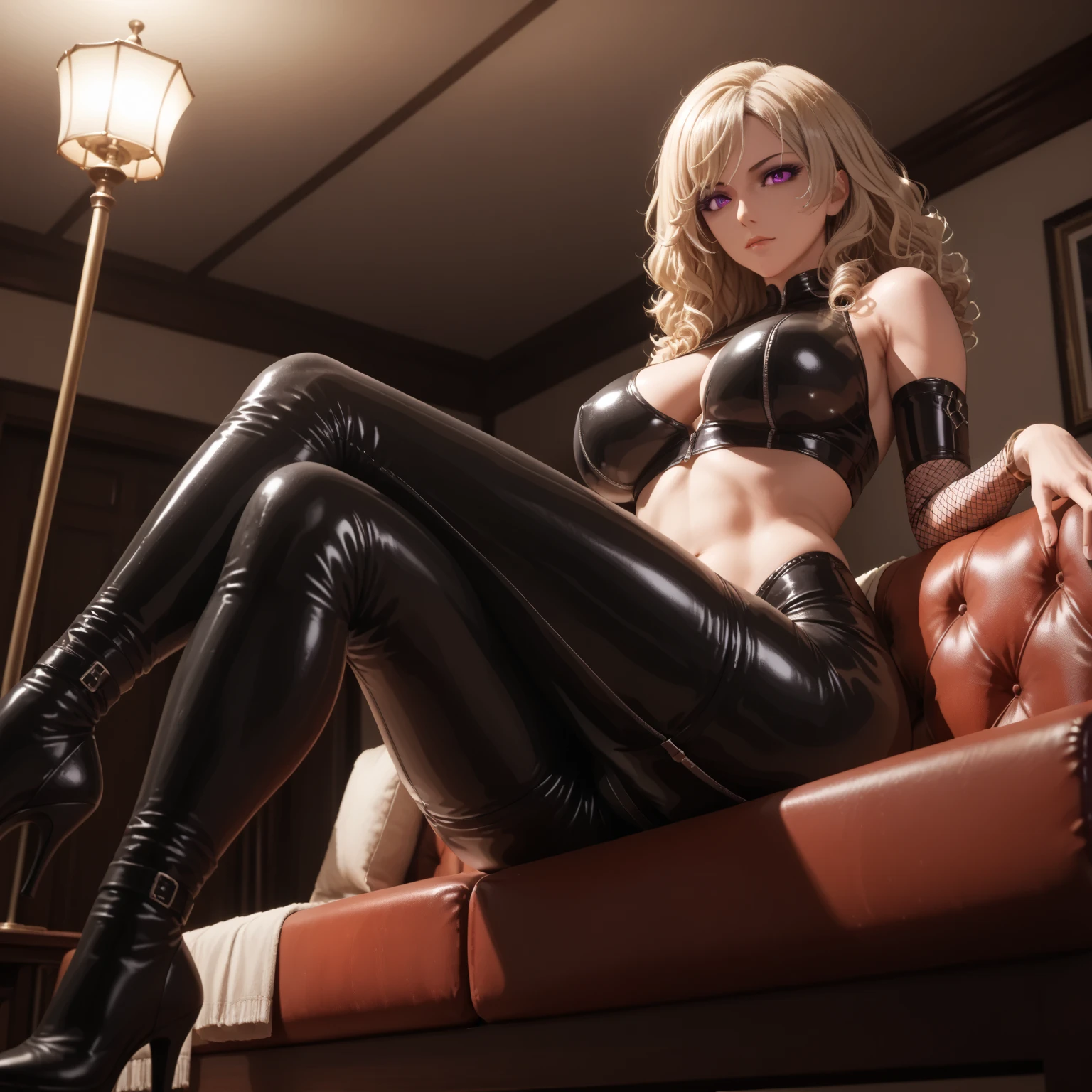 best quality, masterpiece, anime, young female sitting in a high barstool, sexy attire, sensual, alluring glaze, spread legs, (surronded by men staring at her viciously)