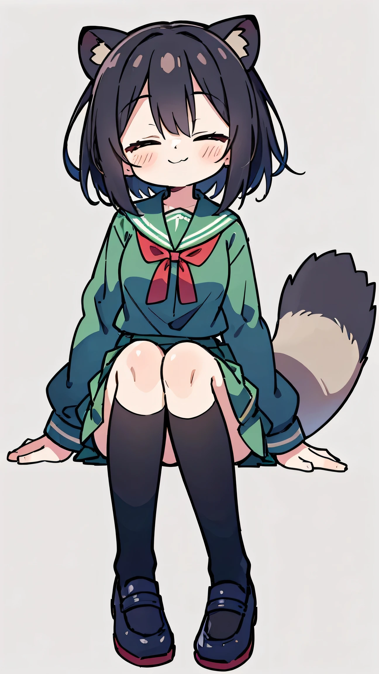 anime style、 woman、 Raccoon Ears、Raccoon Tail、 black hair、 short hair、 Green Sailor Suit、red ribbon、long skirt、knee-high、has closed eyes、They're clapping、simple background、Cute mouth、smile