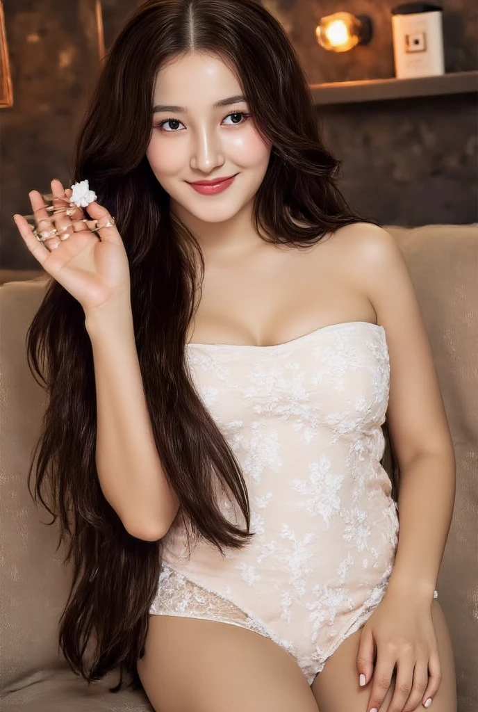 nice images,clear focus,perfect brown eyes,bright red lips,long hair,Home,Look head-on,full pose,wonderful faces..,It looks beautiful。,(((White hollow sexy underwear))),((Smile is gentle and charming)),extra focus,Radiant face,facial details,8K resolution,