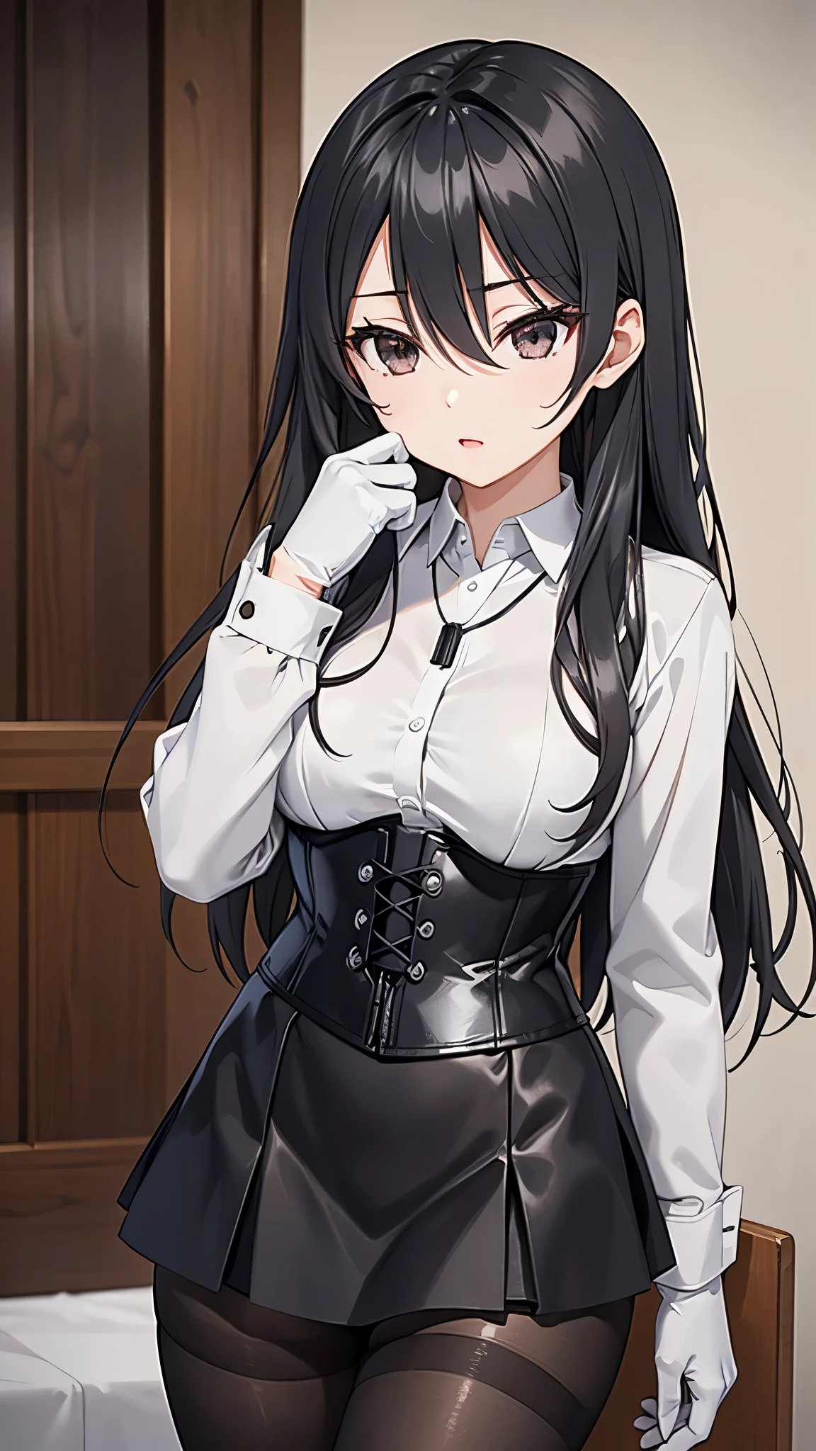 ((8K)), Ayano Kimishima, live quote , (black necklace surrounding her neck), (pantyhose), ((Base gray )), medium breasts, ((Base gray )), ( very high image quality ), (Fine and detailed eyes and detailed face:1.3), (extremely fine and beautiful:1.1), (perfect details:1.1), (black eyes), long black hair, ((white long sleeve shirt)), (black gloves ) , (black leather corset), (( short black skirts )), elegant room , at night