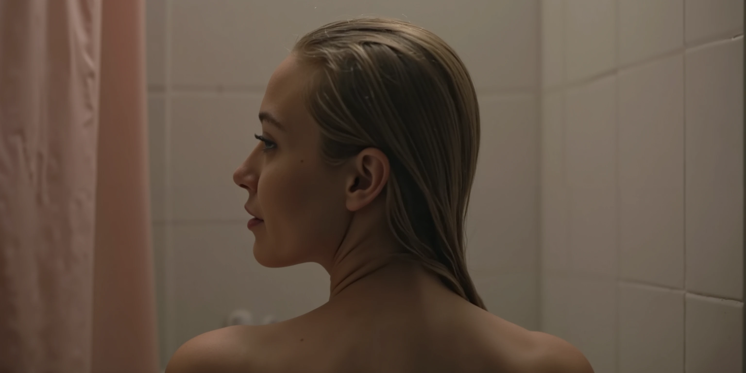 a topless, female supermodel. Back facing. Head turned around