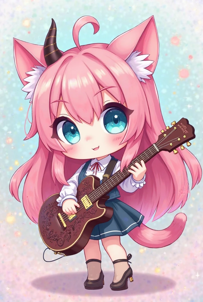 a chibi pink long haired catgirl guitarist with blue eyes and 2 horns