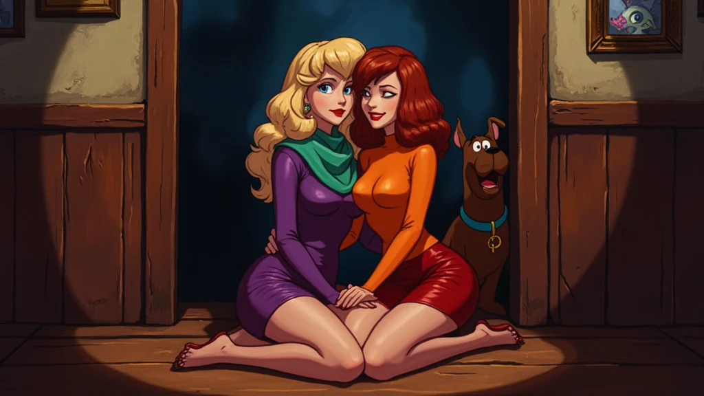 rubenesque woman, bathing in a forest glade, reddish-blonde, freckles, pinup, druidess, lesbian love
