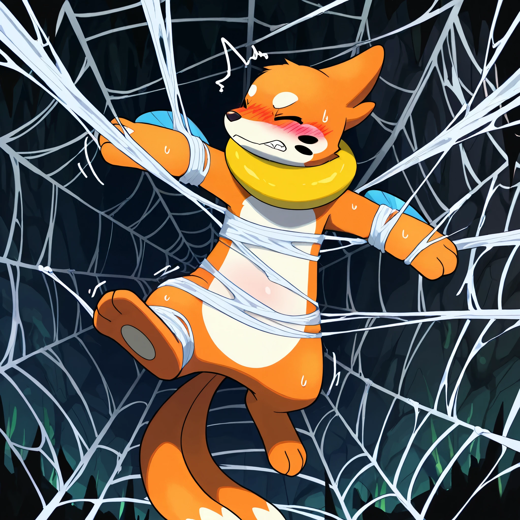 feral buizel, orange skin, white belly, bounded limbs, pain, close eyes, blush, caught in thick spider web, white sticky spider web, spread limbs wide, dark cave background