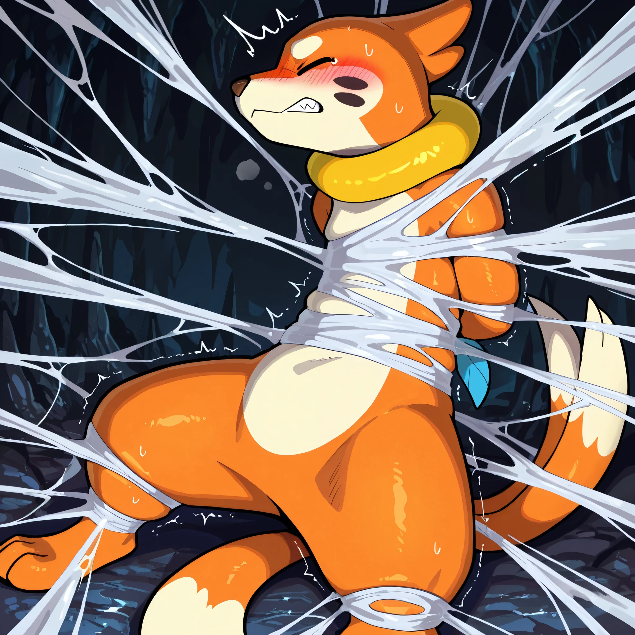 feral buizel, orange skin, white belly, bounded arms, bounded legs, spread limbs wide, pain, close eyes, blush, caught in thick web, white sticky web, dark cave background, white sticky web background
