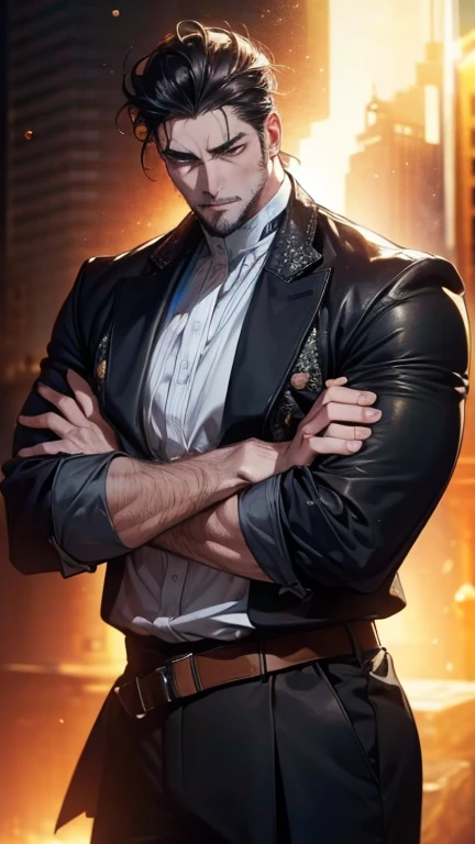 man, vampire, masculine, masculine face, attractive, muscular, ((1man)), masterpiece, absurdres, best quality ,intricate details , (shiny skin, shiny body, shiny oily luster skin, shiny hair, pale skintone), old castle, Sundown, attractive, ((muscular)), adult, one, tattoo in his chest ,black blouse, earrings, black pants, Don't look at the view , Not looking at the view, red short hair, perfect detailed face, perfect detailed hands, vampire fangs, blue eyes, ((MLS)), medium large shoot