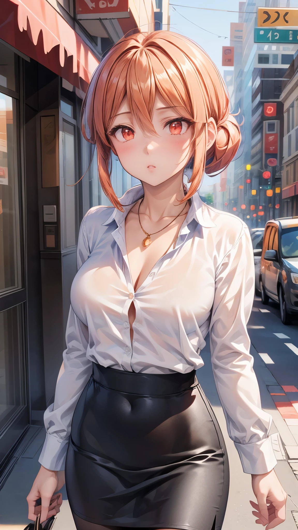 (Ultra High Quality,super high resolution,16k,Super Masterpiece,Ultra HD ,detailed shading and background,)Upper body shot,Sexy mature ,long-sleeved white shirt,pencil skirt,Chest Valley,necklace,cover,Open your lips a little,living,Place one hand on the side of your head,