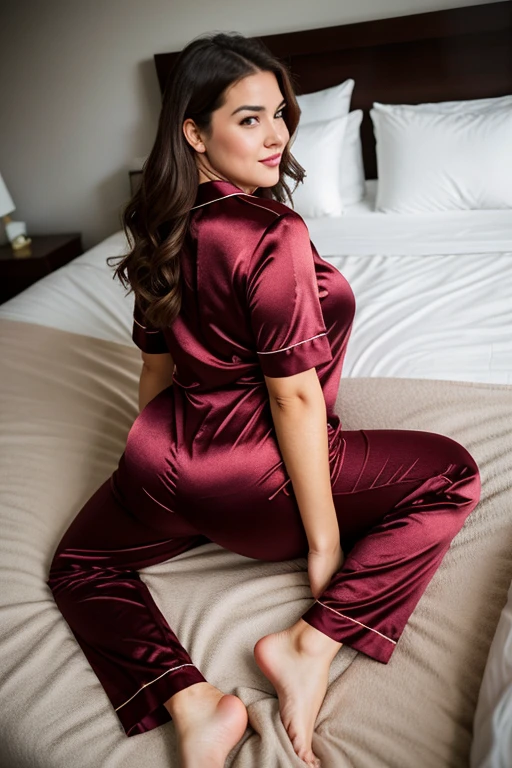 A beautiful woman with a big elastic butt, Posing for the camera with tight pajamas.,muy detallado, hermoso cuerpo y cara, se parece al original, Pelo rojo, en un gimnasio