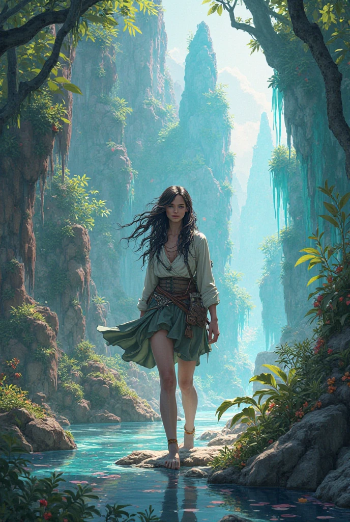 masterpiece, best quality, 1girl, long dark brown hair, curly hair, beautiful woman on the edge of a mountain canyon in a beautiful druid outfit; dressed in a combination of various shades of green; vintage sandals, well-defined thighs, back side view, isometric perspective, masterpiece, UHD