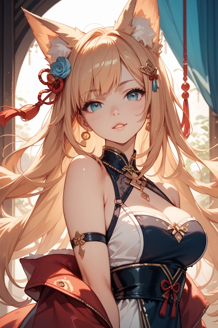 light particles, soft lighting, volumetric lighting, intricate details, finely detailed, backlighting,
1girl, solo, standing, upper body, crossed arms,
blonde hair, long hair, high ponytail, hair intakes, sidelocks, red bow,
red eyes, looking at viewer, tsurime, half-closed eyes,
red dress, off shoulder, bare arms, gloves,
black background, simple background,
