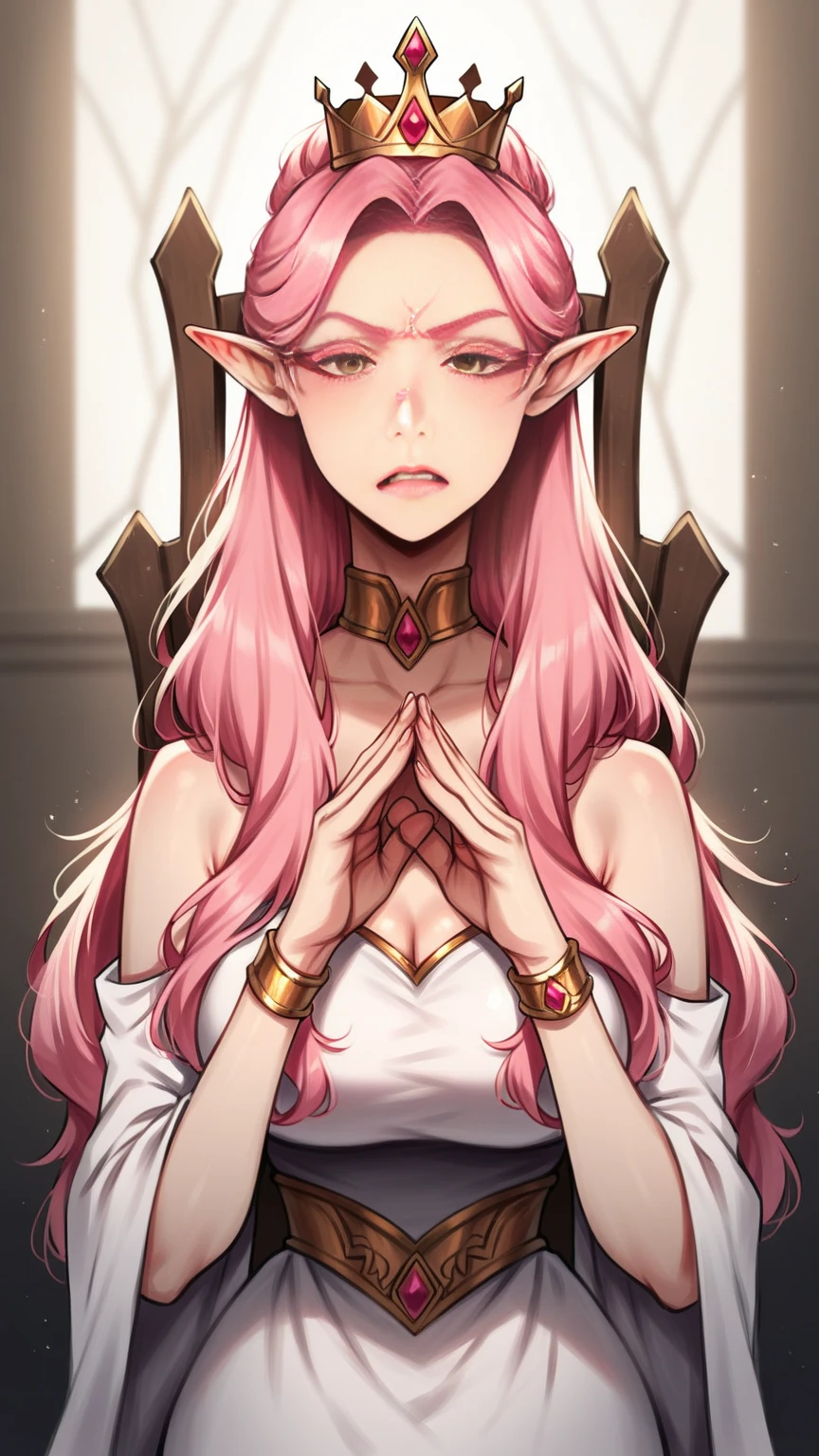 Milf, mature woman, pink hair, long hair, long hair, pink eyelashes ,  big eyelashes, thick eyelashes, yellow eyes,  Tall woman, gold crown, correct anatomy, detailed hands, Proud woman, looking at the spectator,  look of a lot of contempt, 4k,  look of a lot of contempt, High resolution, detailed face, detailed eyes, millionaire woman ,  gold bracelet , Queen, Beautiful woman, pink eyelashes, Queen, ropa de Queen, vestido medieval de Queen, Woman to impose, on you a very disgusting face, Proud woman, medieval fantasy dress, black and white dress, Alone, pointy ears, eleven, Loose clothing, The best quality, Alone, Single woman, mature woman, A very proud look, proud look,  very proud woman , look of contempt, A very proud look y mucho desprecio,  look of superiority, Superior woman, A very proud look,  angry face, look of pride and anger, slicked back hair, slicked back hair, pink eyelashes  exageradamente gruesas, extremely thick eyelashes, age wrinkles , throne, Hidden neckline, proud look, A very proud look, full body, anime, Estilo Tanaishi