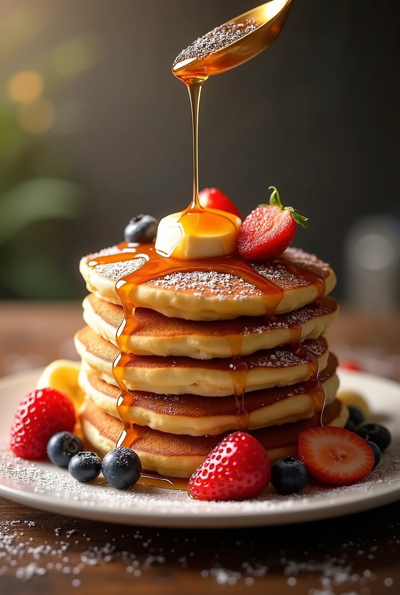 and has a fluffy thickness that conveys the softness of freshly baked goods。 It's plump like a souffle pancake,evenly browned surface,
slightly crispy edges and、contrast between moist ones,sprinkled with plenty of maple syrup from above、Feeling dripping,butter placed on warm pancakes melts and spreads little by little,fruit(strawberry、 Blueberry 、A dress made of bananas and other materials)finish with powdered sugar