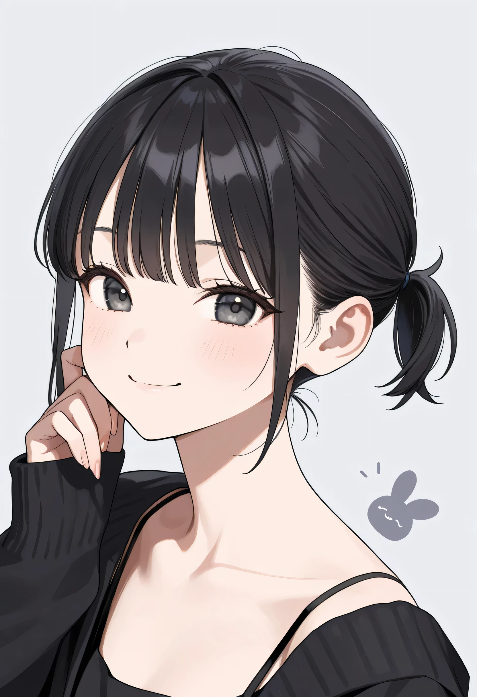 masterpiece, best quality, perfect anatomy, perfect body, perfect face, perfect hand, portrait, From front, medium shot, 1girl, girl, standing, kawaii, (oval face:1.4), (vertical eyes:1.3), (drooping eyes:1.5), (short eyes:1.4), grey-green eyes, blush, (highlight on pupils), smiling sad, flat hair, (forehead), side swept to back, center part forehead, hair tied back strand, black hair, straight-medium hair, , narrow shoulder, stocky and plump, small breast, nude,