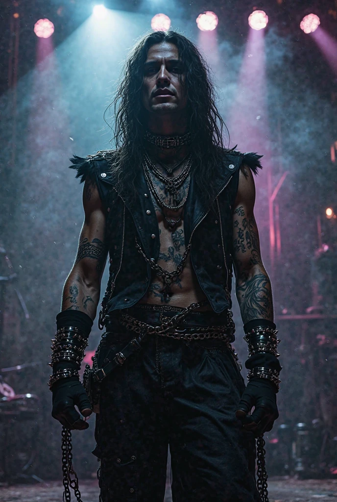 masterpiece, highest quality, ethereal,1guy, solo, , two-toned black and white hair, venom eyes, porcelain skin, long hair, wearing leather harness, black tight pants, luxury red room, jewelry, depth of field, cinematic lighting, muscular, colored lights purple , vampire, fangs, no shirt