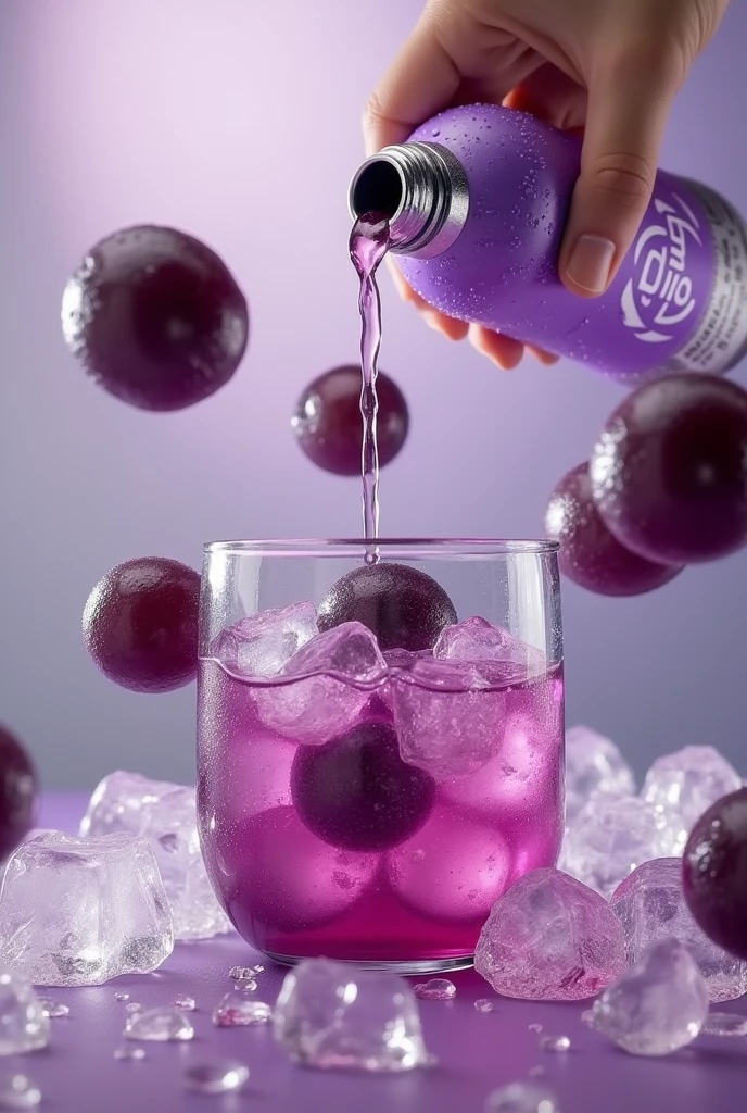 vibrant glowing purple drink, in the style of a product hero shot in motion, dynamic magazine ad image, photorealism, sleep and mystical elements around the background