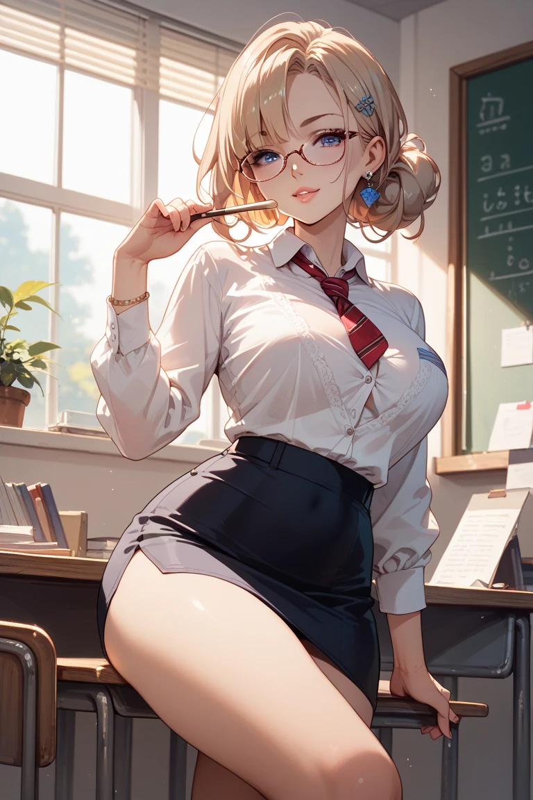 Profesora sexy en un aula dando clases,con gafas y rl pelo recojido,muy guapa,pointing at the stone and teaching mathematics,uniforme escolar apretado y ajustado a su cuerpo voluptuoso,falda corta y escote a la vista,alumnos sentados en sus asientos,profesora simpatica,cuntas anales,nsfw
