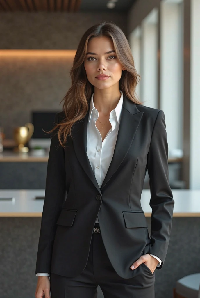 a beautiful latina model, posing a professional clothes, full body image for fashion company website, nude background, fully body image, fashion model for clothing brand, focussing on professional trousers she is wearing