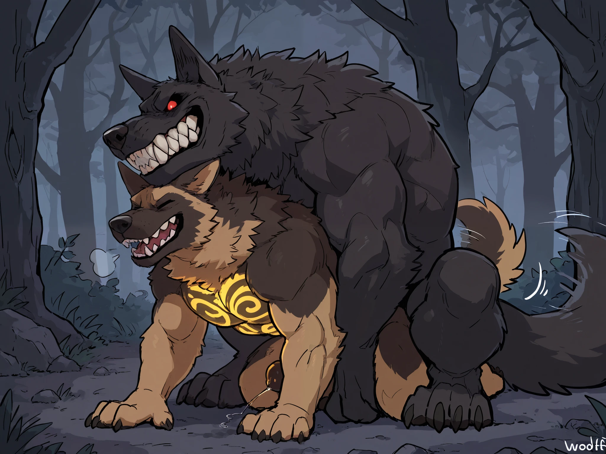 score_9, score_8_up, score_7_up, score_6_up, masterpiece, best quality, amazing quality, sitting, very aesthetic, absurdres, newest, german shepherd, scenery, (heartless, muscular, feral, big muscles, glowing black public tattoo), 2male, fucking, gay sex, gay rape, evil grin, closed Mouth, happy, closed mouth smile, panting, huffing, tale wag, wagging tale , monster werewolf, german shepherd, detailed eyes, smith, (sharp teeth), (by woolfie:), dog sheath, masterbating, dog cock, cock with knot, cumming,