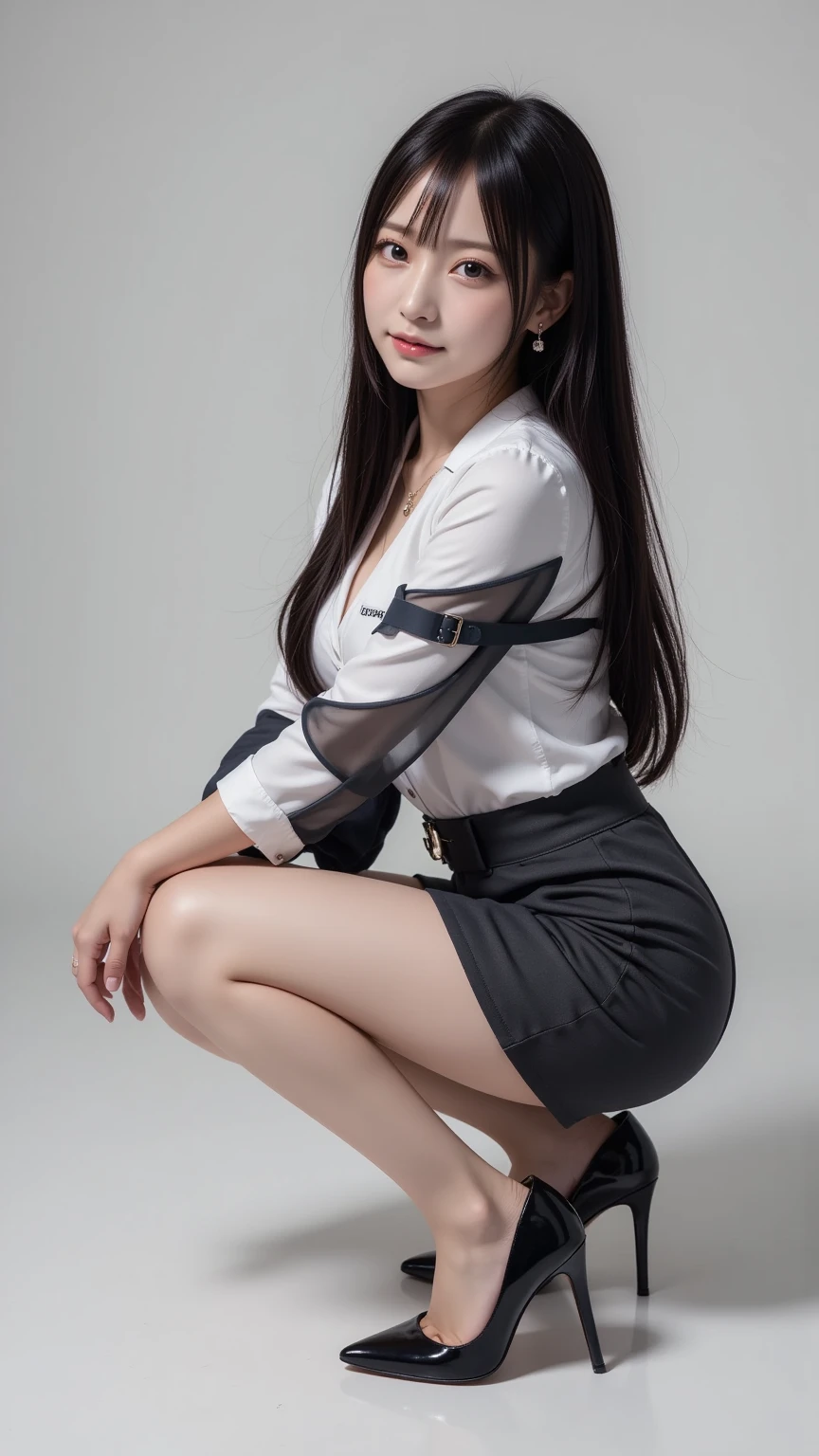 Woman with long black hair，White melon seed face，The red lip is enchanting，Woman wearing black miniskirt and tight shirt，Skirts as short as the legs，The shirt is bulging out due to the firm breasts.，That button on your chest will pop out like a bullet at any time，